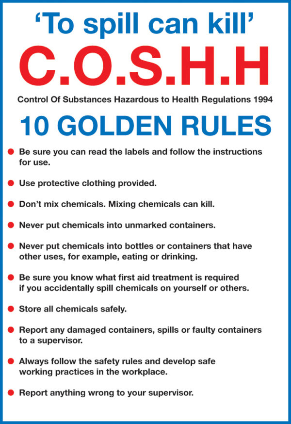 109276R - 297x210mm COSHH 10 Golden Rules