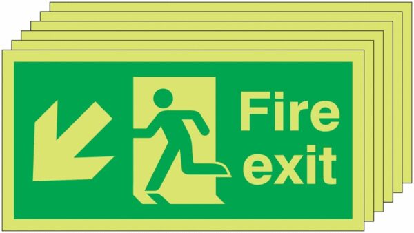 6PFX04010L - 150x300 6 pack 150x300 Fire Exit Running Man Arrow Down Left - Nite Glo Self Adhesive