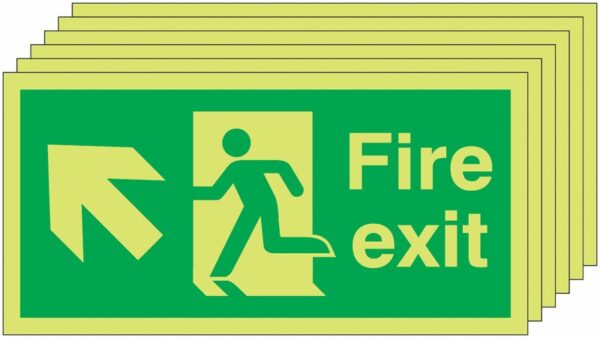 6PFX04510L - 150x300 6 pack 150x300 Fire Exit Running Man Arrow Up Left - Nite Glo Self Adhesive