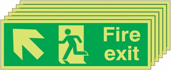 6PFX04511L - 150x450 6 pack 150x450 Fire Exit Running Man Arrow Up Left - Nite Glo Self Adhesive