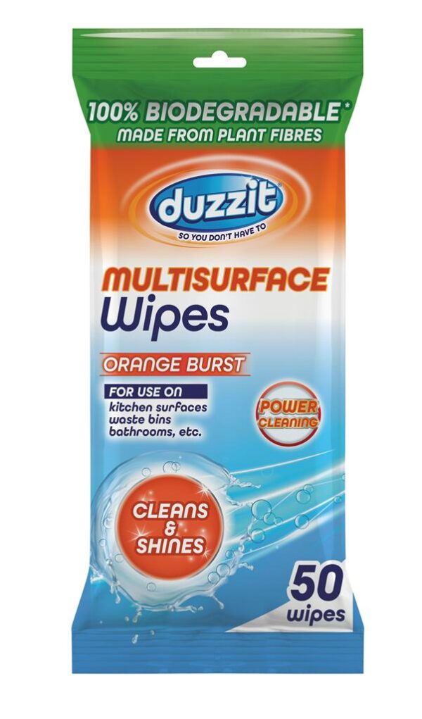 DUZZIT ORANGE BURST BIODEGRADABLE MULTI-SURFACE WIPES 50 PACK