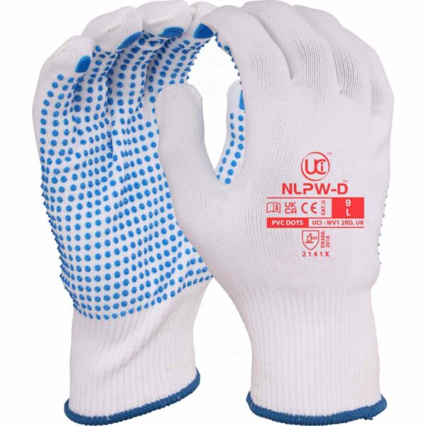 G/NLPWD - NLPW-D - LOW LINTING POLYESTER DOTTED  White, full fingered, low lint polyester gloves with PVC dotting to palm