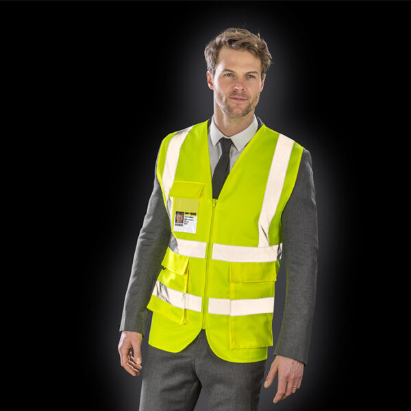 R477X Result Heavy duty polycotton security vest extra-length pocket EN ISO 20471:2013+A1:2016 Class 2