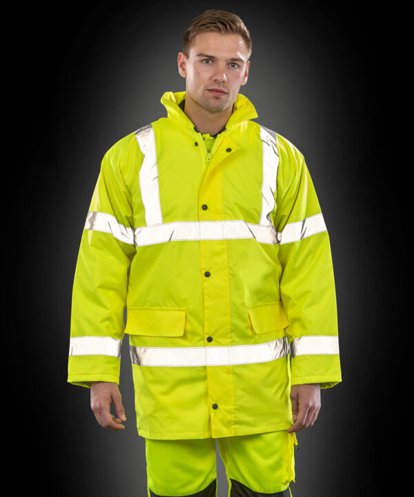 R218X Result Core safety high-viz coat. A sturdy insulated 3/4 length safety jacket