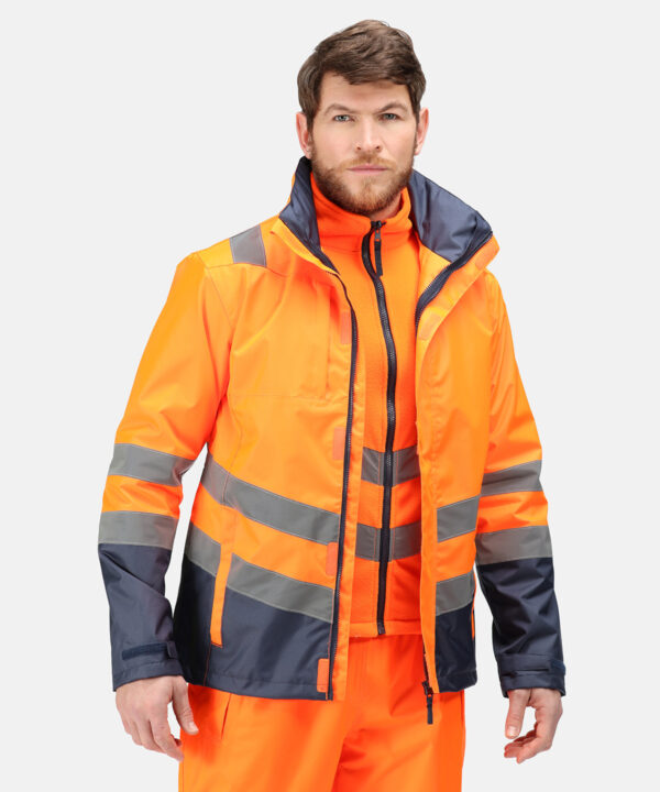 TRA158 Regatta Pro hi-vis 3-in-1 jacket, remove the outer layer to reveal a warming fleece. Orange