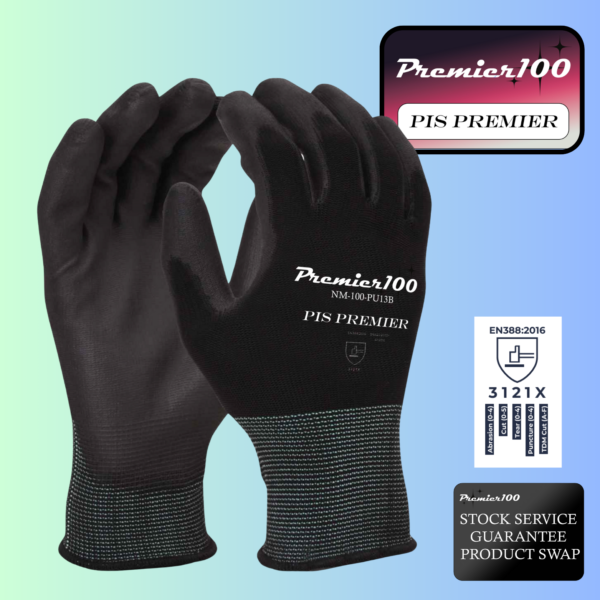 NM-100-PU13B PREMIER100 Black PU Palm Coating On Black Polyester Shell