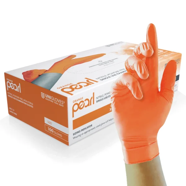 P-GP013X, Orange Pearl, Orange, medical grade, medium weight nitrile examination gloves, Food approved, AQL 1.5